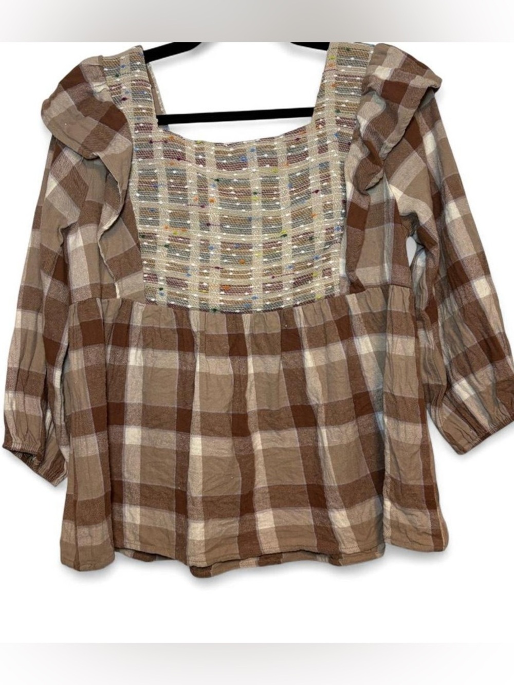 entro Brown and Cream Plaid Ruffle Peasant Top - Picture 7 of 7